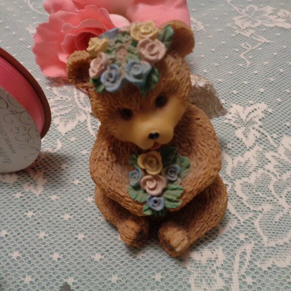 GIRL BEAR FIGURINE W ANGEL WINGS PINK RIBBON WATERING CAN LOT - Picture 6 of 7